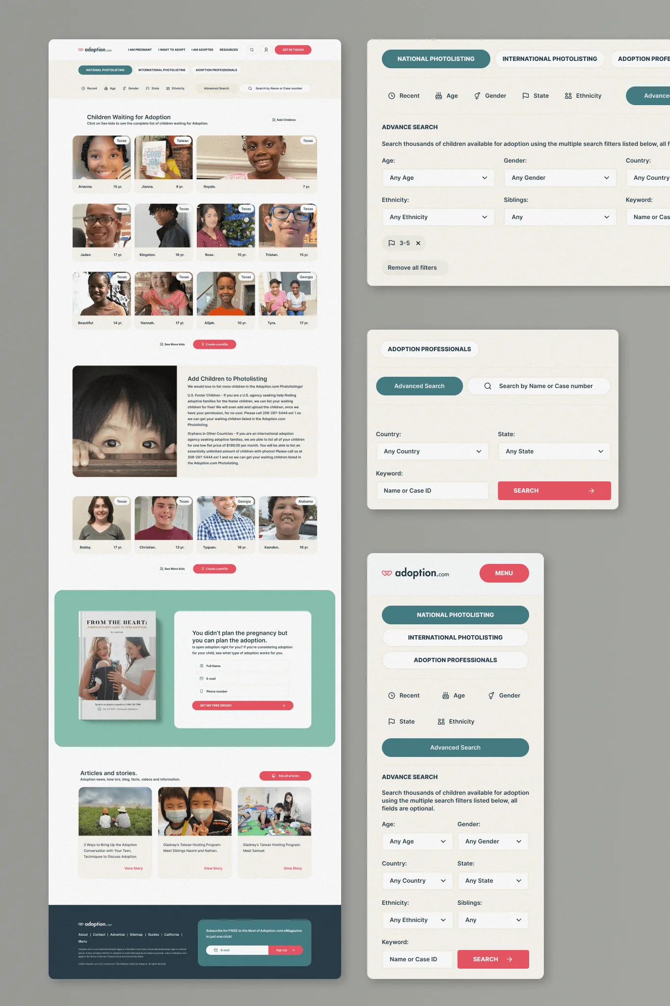 Adoption page compositions with photography, content sections and interface elements