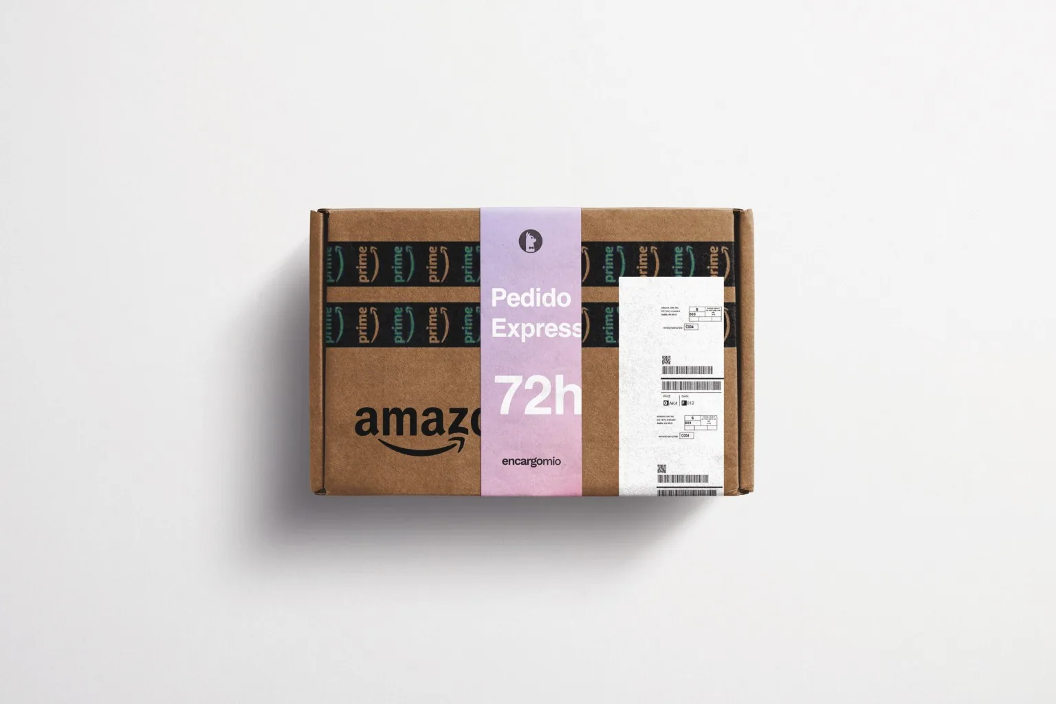 Packaging mockup with an Encargomio band and mobile shopping interface