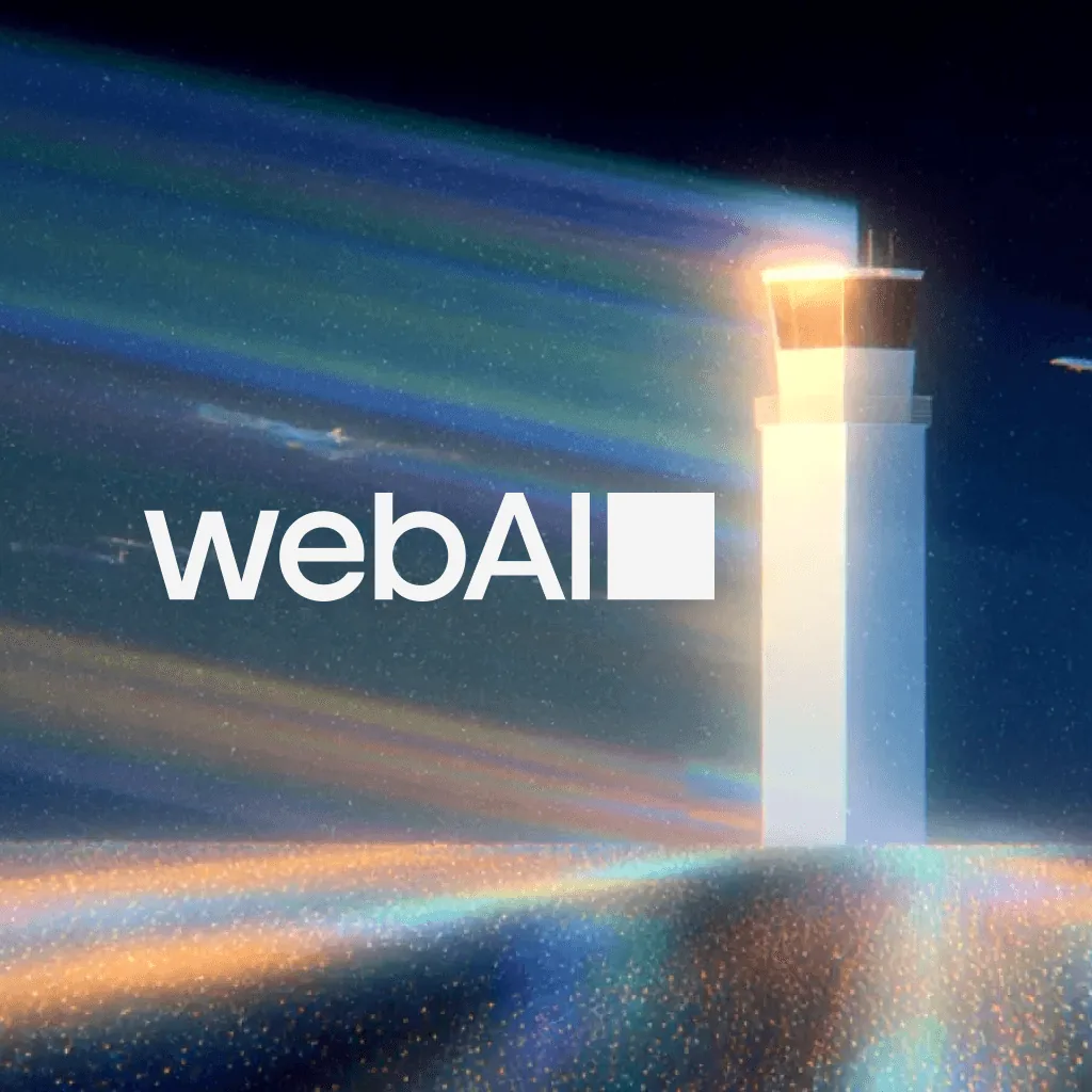 webAI wordmark within a composition of coloured light on a dark background